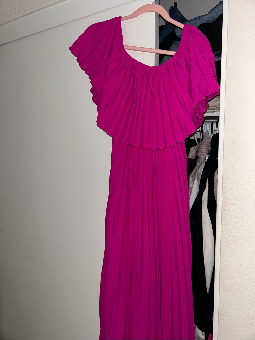 Fuchsia Off-Shoulder Ruffle Maxi Dress